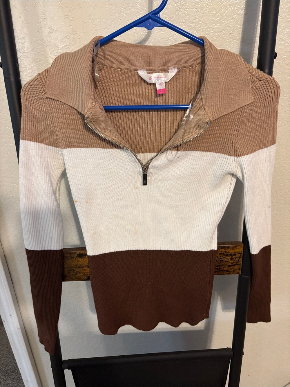 No Boundaries Brown White Tan Colorblock Ribbed Half-Zip Sweater